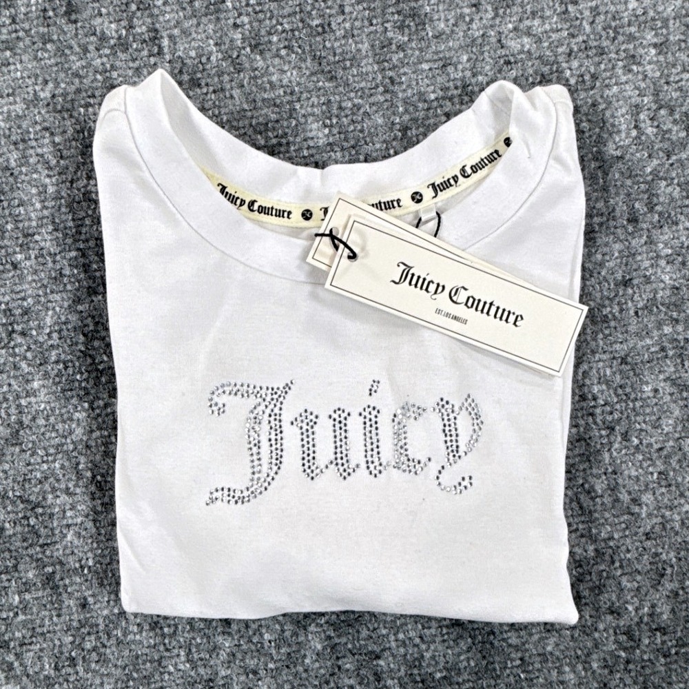 Juicy Couture Crop Top Womens XS White Rhinestone Juicy Y2K Baby Tee NWT
